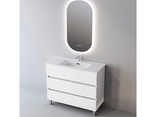 Bathroom vanity unit with ceramic basin, 3 drawers, W100 x H90 x D45 cm, glossy white lacquer, Parisianestop 97680UMVX