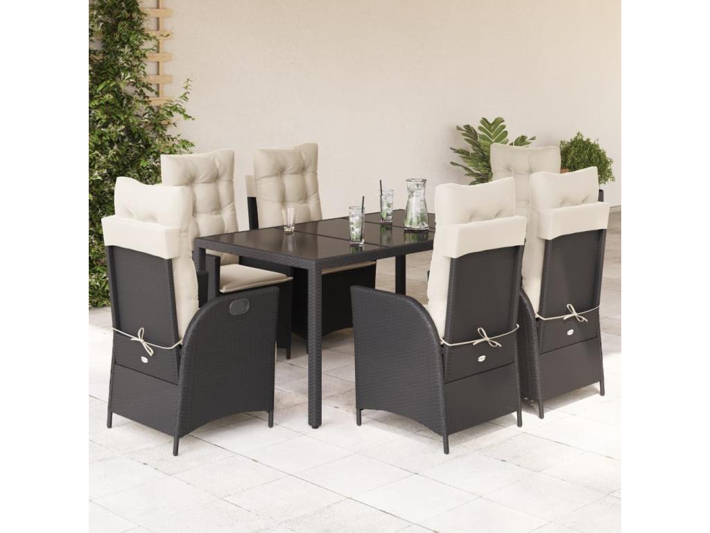 7-Piece Garden Dining Set with Cushions, Black Wicker Resin 33113XMOA