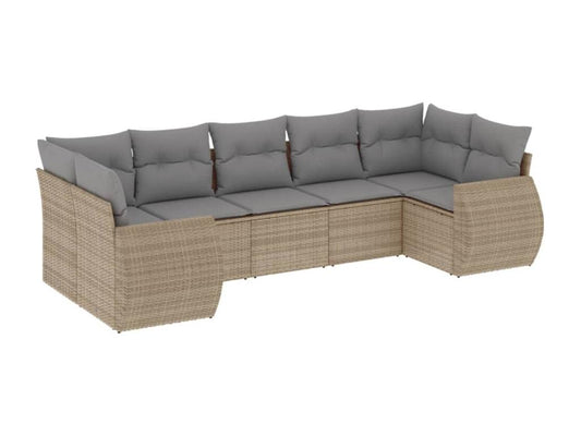7-piece garden furniture set with cushions, beige woven resin, 63089DDHU