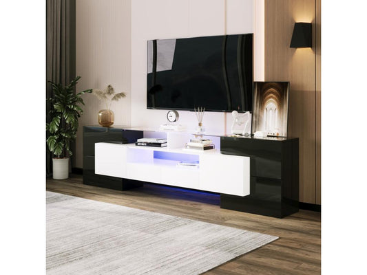 TV stand - 200x38x48cm - Glossy white and black - 4 doors, 2 drawers, 3 compartments 78347LVFN