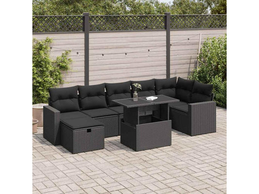 8-piece garden furniture set with cushions, black resin wicker, 78438GVEO