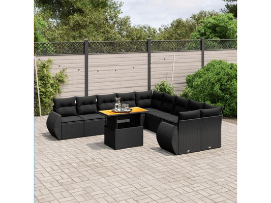 11-piece garden furniture set with cushions, black woven resin, 61198YBLO