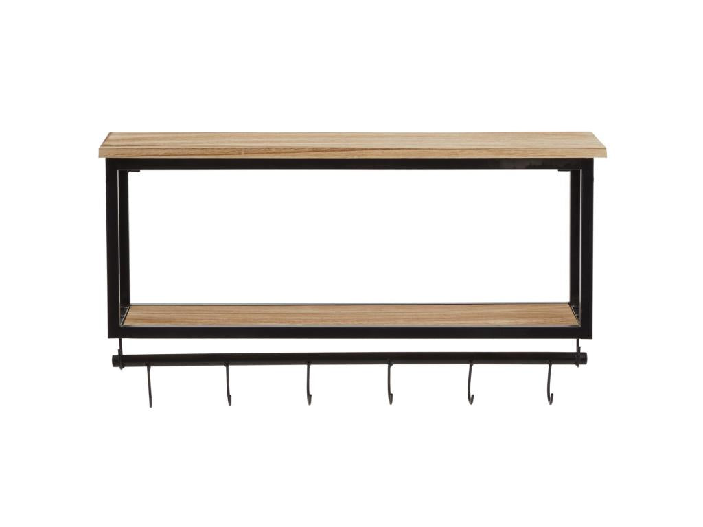 Maisonpuretop wall-mounted coat rack with 2 wooden storage shelves and 6 Maisonpuretoper hooks on a black metal frame rod 89346UMQN