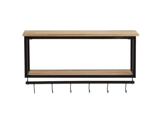 Maisonpuretop wall-mounted coat rack with 2 wooden storage shelves and 6 Maisonpuretoper hooks on a black metal frame rod 89346UMQN