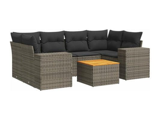 7-piece garden furniture set with cushions, grey woven resin, 47246DQDY