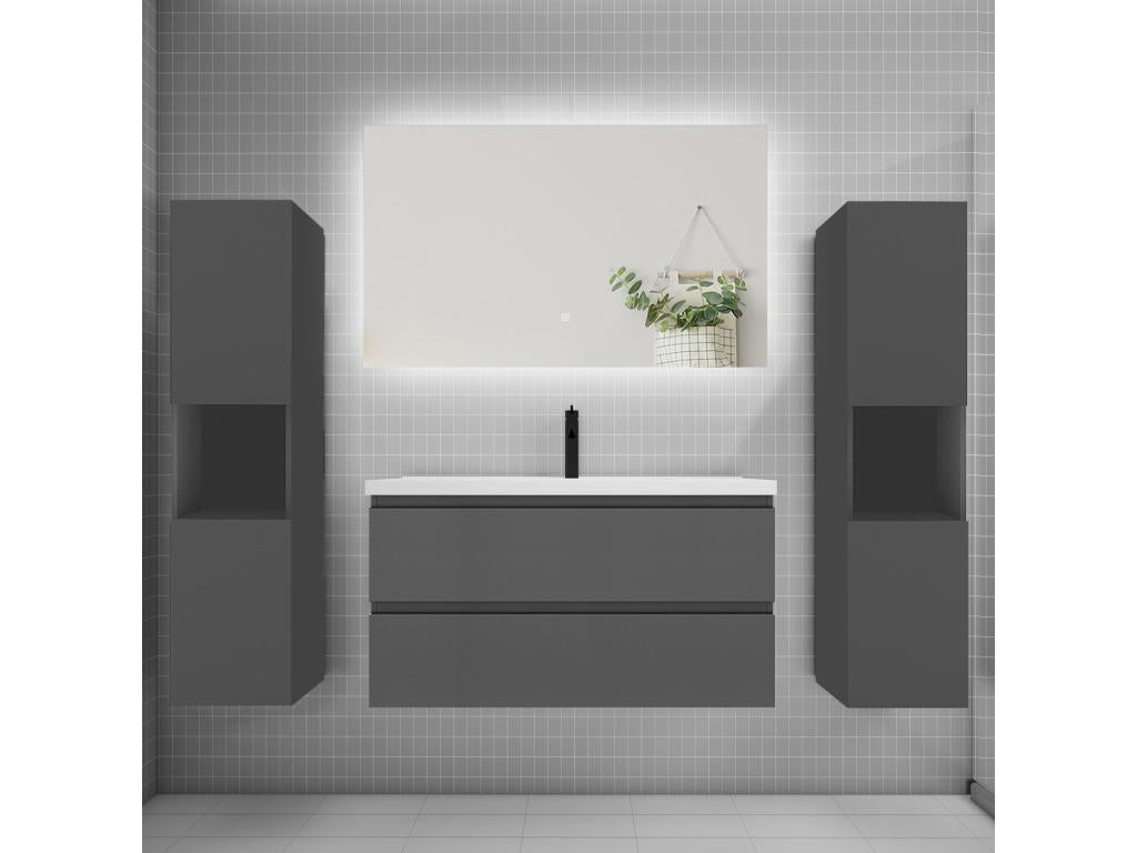Vanity unit set, 100cm wide, with 2 drawers, pedestal sink, LED lighting, and 100cm anthracite mirror, 77981TFJT