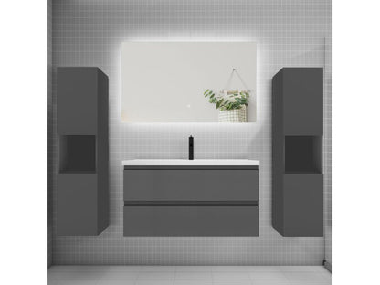 Vanity unit set, 100cm wide, with 2 drawers, pedestal sink, LED lighting, and 100cm anthracite mirror, 77981TFJT