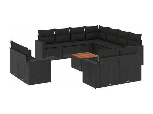 12-piece garden furniture set with cushions, black woven resin, 48590OFZC