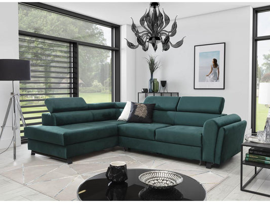 Left-hand corner sofa bed in dark grey fabric with adjustable headrests, Maisonpuretop, 265cm, 72736NKUR