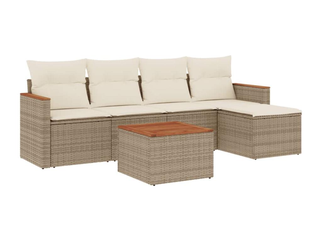 6-piece garden furniture set with cushions, beige woven resin 08957VXFU