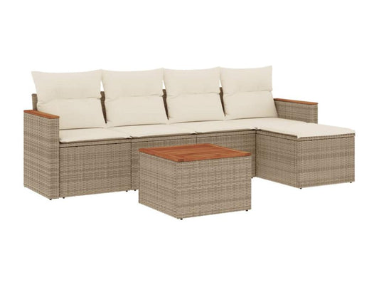 6-piece garden furniture set with cushions, beige woven resin 08957VXFU