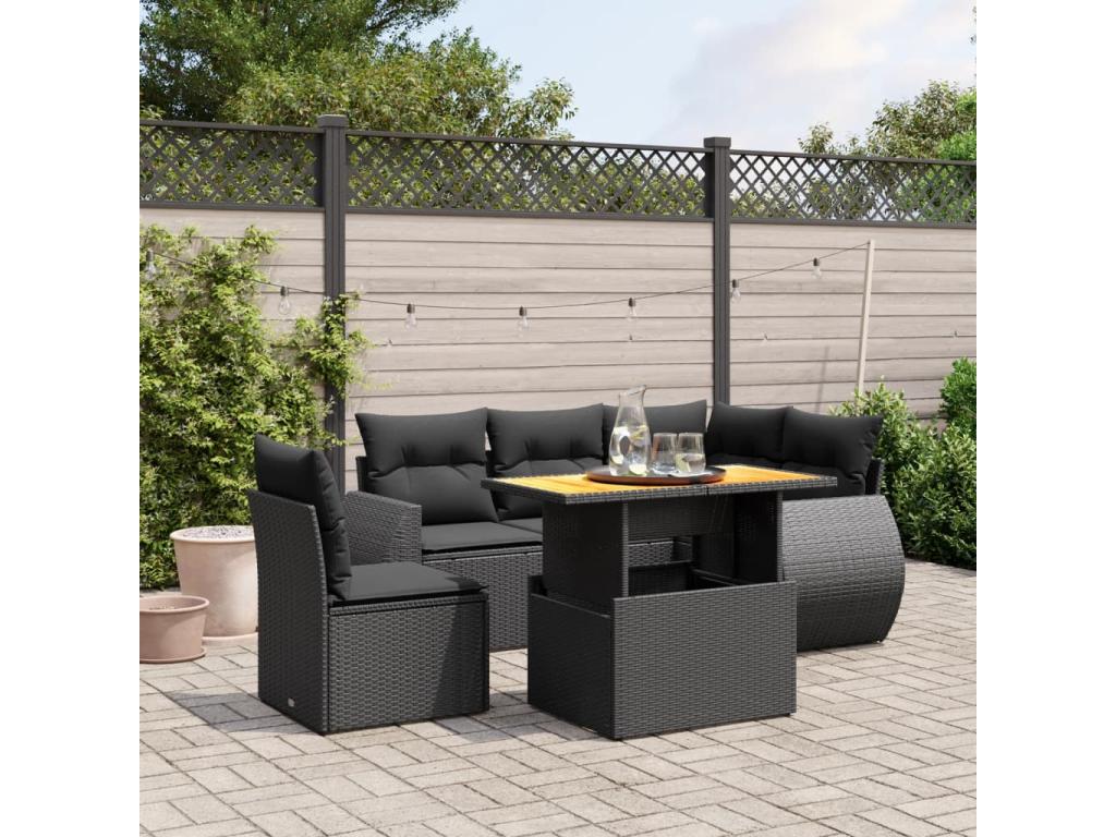 6-piece garden furniture set with cushions, black resin wicker, 89928LEQS