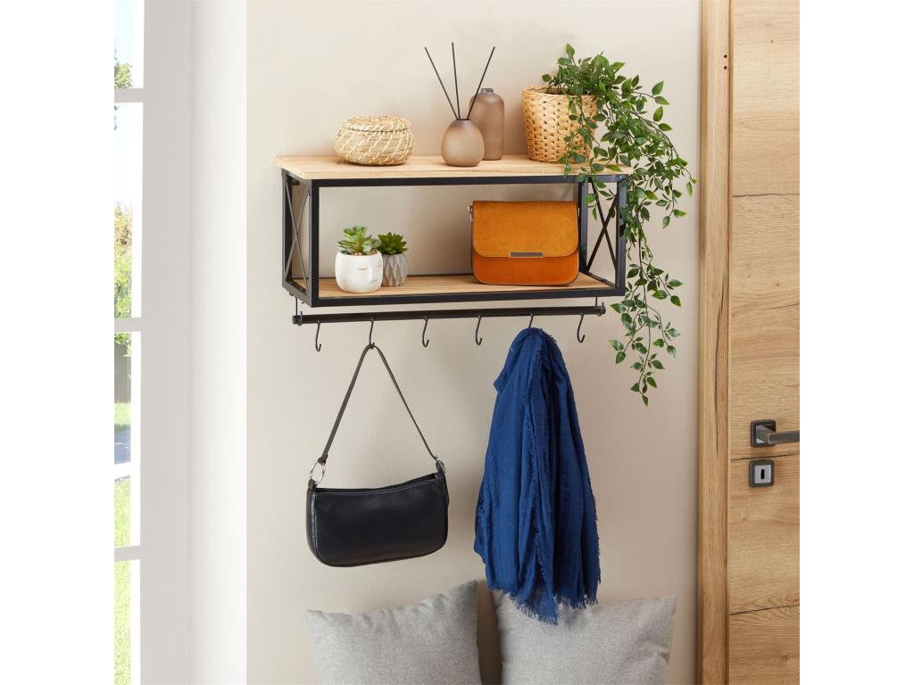 Maisonpuretop wall-mounted coat rack with 2 wooden storage shelves and 6 Maisonpuretoper hooks on a black metal frame rod 89346UMQN