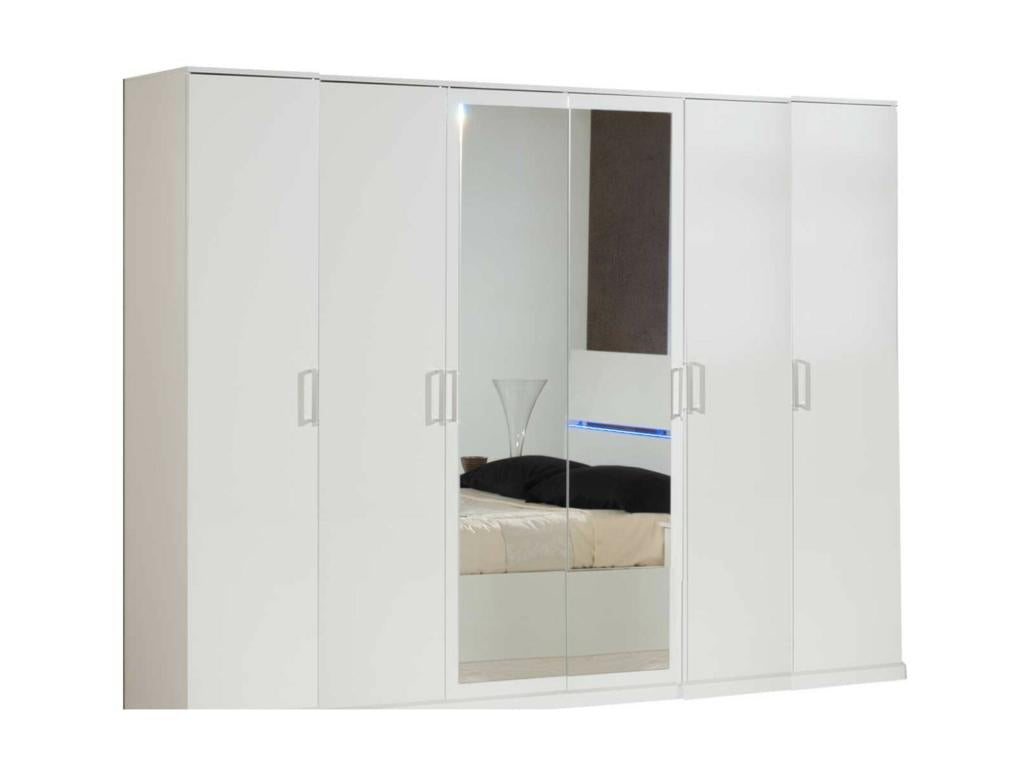 Large modern bedroom wardrobe with 6 hinged doors, white lacquered wood and mirror, Maisonpuretop, 272cm, 13493ZXYH