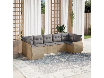 7-piece garden furniture set with cushions, beige woven resin, 63089DDHU