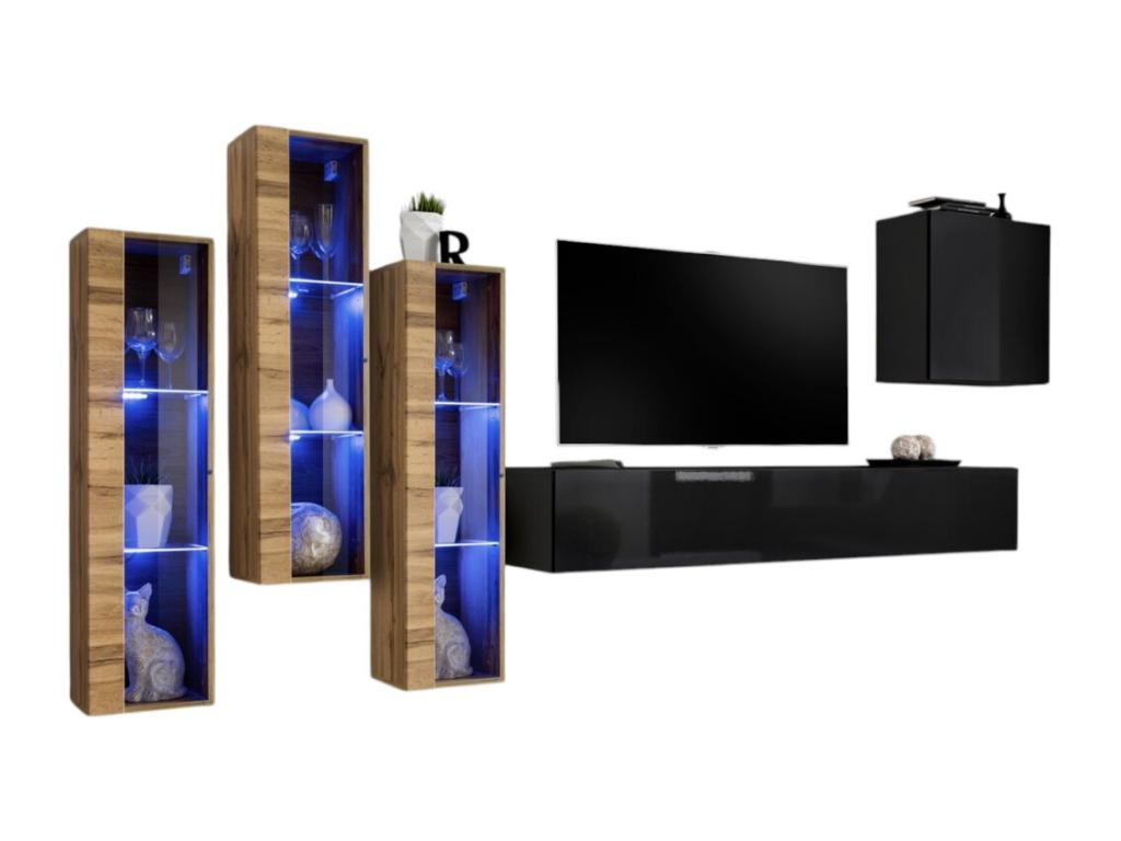Parisianestop wall-mounted living room furniture set in black and oak. 14185WLLS