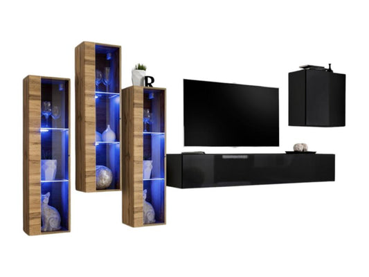 Parisianestop wall-mounted living room furniture set in black and oak. 14185WLLS