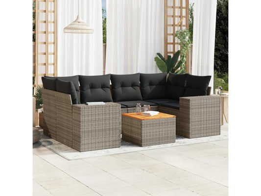 7-piece garden furniture set with cushions, grey woven resin, 47246DQDY