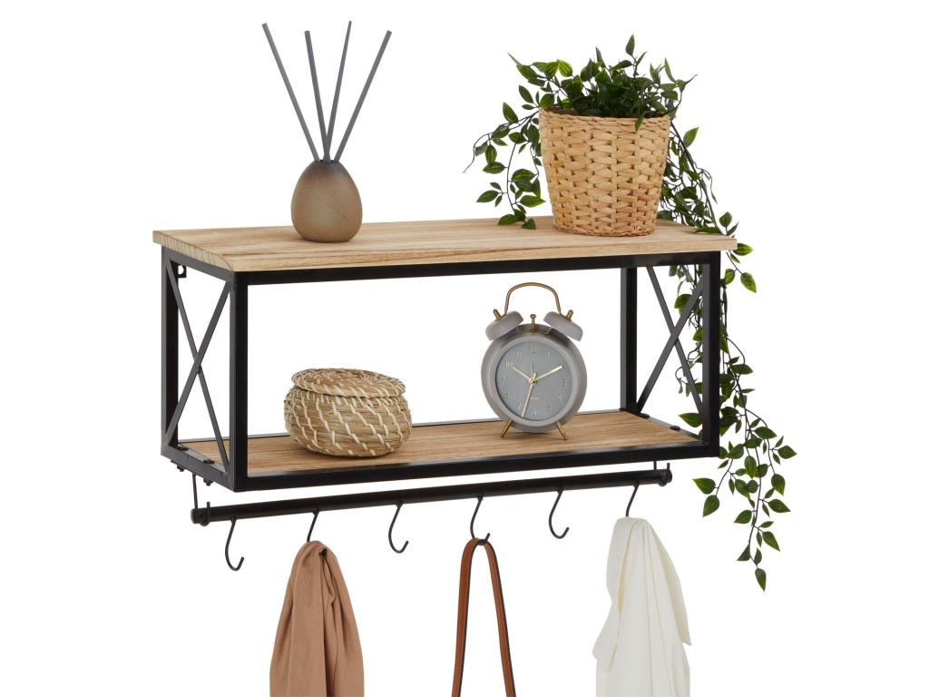 Maisonpuretop wall-mounted coat rack with 2 wooden storage shelves and 6 Maisonpuretoper hooks on a black metal frame rod 89346UMQN