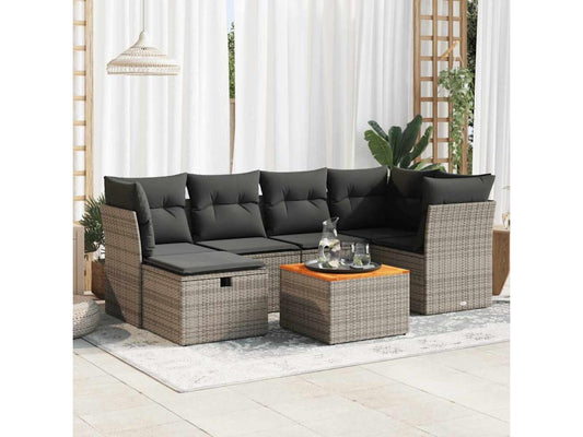 7-piece garden furniture set with cushions, grey woven resin, 26621NCJY