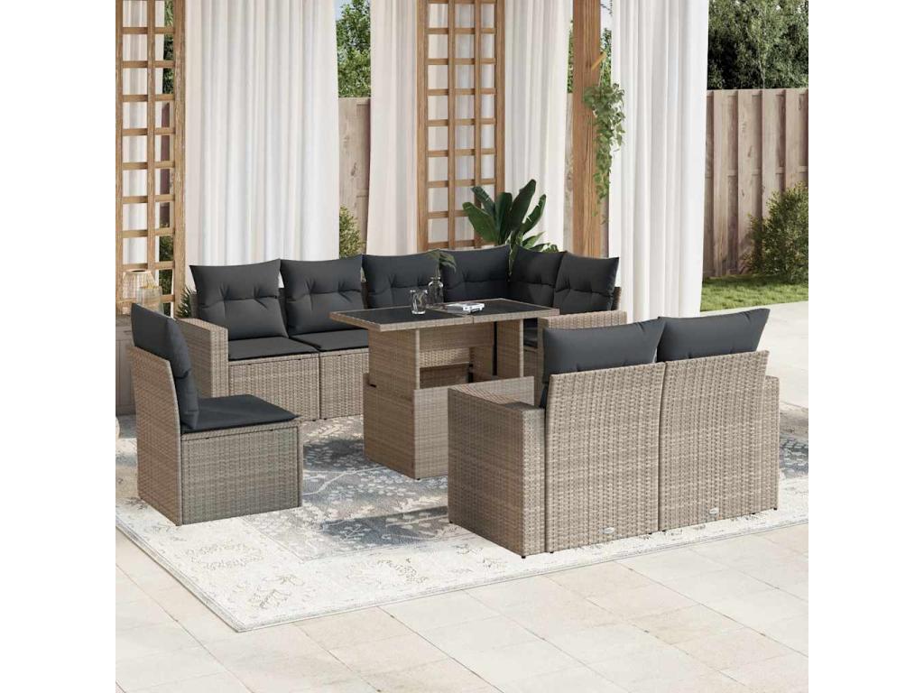 9-piece garden furniture set with light grey cushions, woven resin 58164FYSX