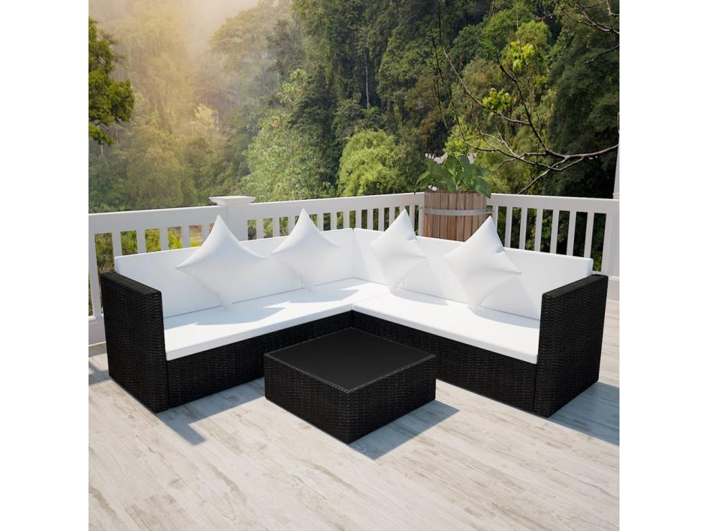4-piece garden furniture set with cushions, black wicker resin, 89511LTKU