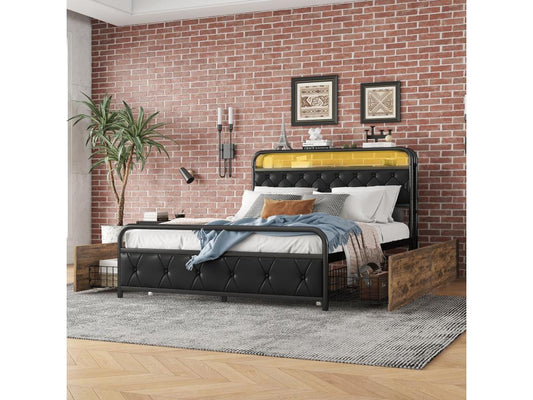Upholstered bed 140x200 cm with 4 drawers, USB ports / LEDs - metal and wood frame Parisianestop - black 55489HVZN