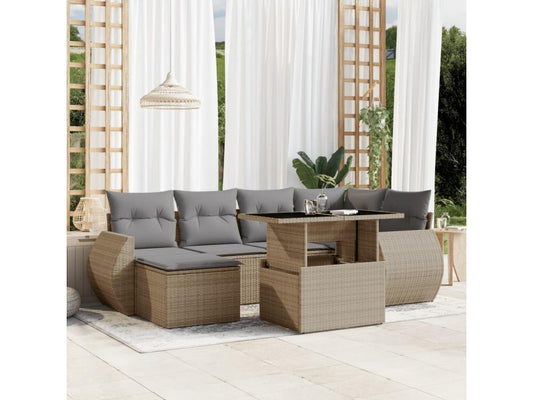 7-piece garden furniture set with cushions, beige wicker resin 80352HGVJ