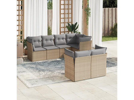 7-piece garden furniture set with cushions, beige woven resin, 04539EEWL