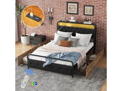 Upholstered bed 140x200 cm with 4 drawers, USB ports / LEDs - metal and wood frame Parisianestop - black 55489HVZN
