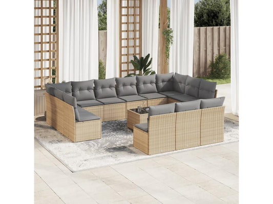 14-piece garden furniture set with cushions, beige wicker resin, 62095AQTD