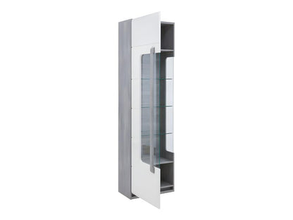 209cm Display Cabinet with 1 Door, White Lacquered Finish, Grey Wood Effect, and LED Lighting - Parisianestop 67720RKSA