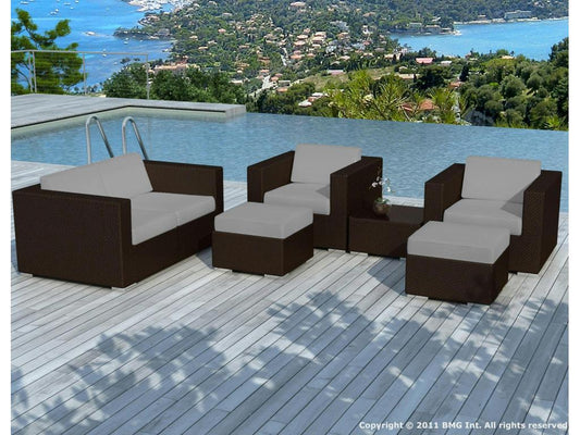 Parisianestop 6-piece garden furniture set in chocolate-colored woven resin with off-white fabric cushions and a set of grey fabric covers 92343IVYP