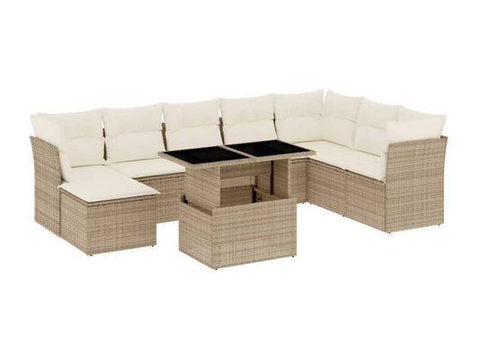 9-piece garden furniture set with cushions, beige woven resin, 88681YZVH