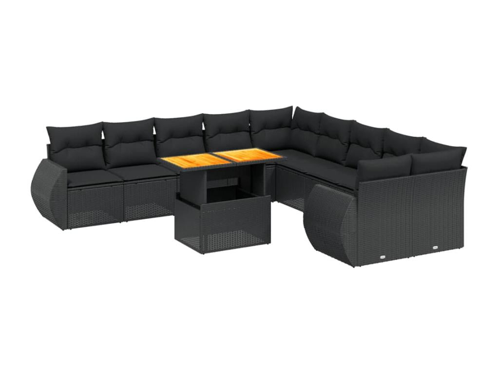 11-piece garden furniture set with cushions, black woven resin, 61198YBLO