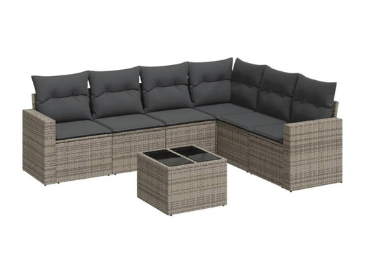 7-piece garden furniture set with cushions, grey woven resin, 66264PDBG