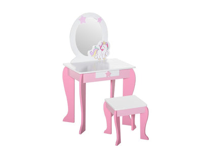 Unicorn-themed children's dressing table - stool included - dimensions: 49L x 34W x 90H cm - mirrored drawer - MDF - pink and white 46159VDES