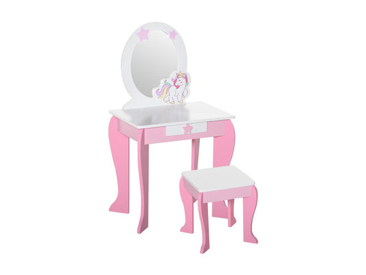 Unicorn-themed children's dressing table - stool included - dimensions: 49L x 34W x 90H cm - mirrored drawer - MDF - pink and white 46159VDES