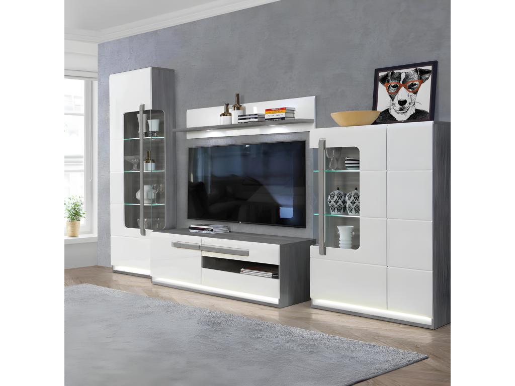 209cm Display Cabinet with 1 Door, White Lacquered Finish, Grey Wood Effect, and LED Lighting - Parisianestop 67720RKSA