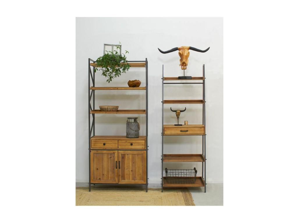 Pine and metal shelf with 2 drawers 30387PCFC