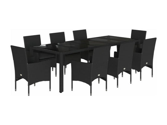 9-piece garden dining set with cushions, black rattan and glass, 31053SVMN