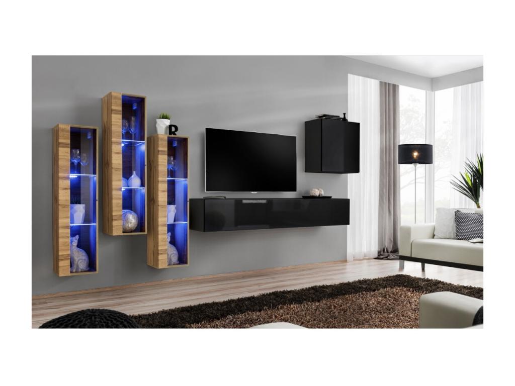 Parisianestop wall-mounted living room furniture set in black and oak. 14185WLLS