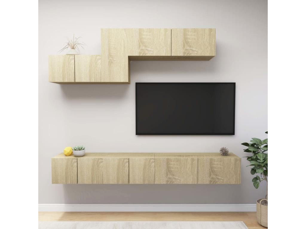 6-Piece TV Unit Set, Oak Finish, Maisonpuretop Chipboard 01312JHJV