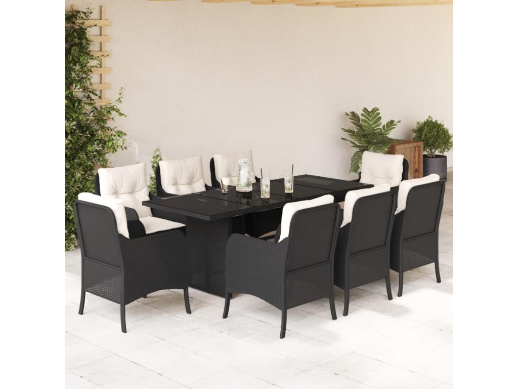 9-piece garden dining set with cushions, black resin wicker 01984FJWX
