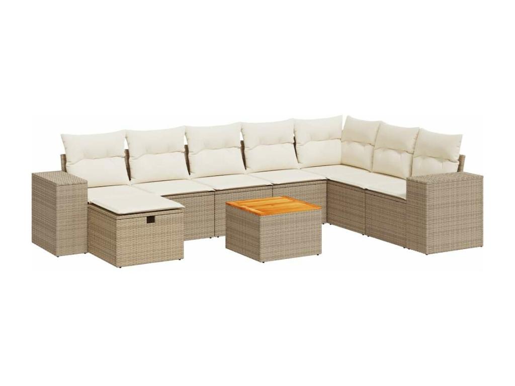 9-piece garden furniture set with cushions, beige woven resin, 10428NBYB