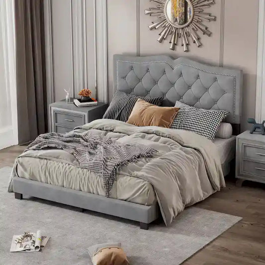 Queen Size Upholstered Bed Frame with Rivet Design, Modern Velvet Platform Bed with Tufted Headboard,Gray