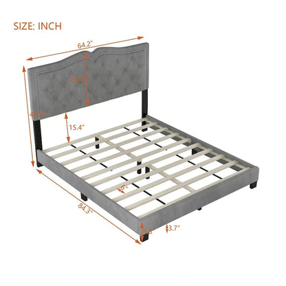 Queen Size Upholstered Bed Frame with Rivet Design, Modern Velvet Platform Bed with Tufted Headboard,Gray