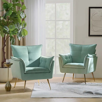 1ida Modern Velvet Tufted Accent Armchair with Gold Metal Legs Set of 2 by HULALA HOME