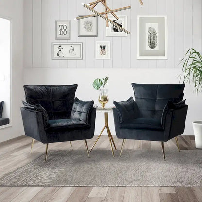 1ida Modern Velvet Tufted Accent Armchair with Gold Metal Legs Set of 2 by HULALA HOME
