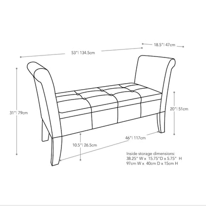 CorLiving Antonio Upholstered Storage Bench with Scrolled Arms